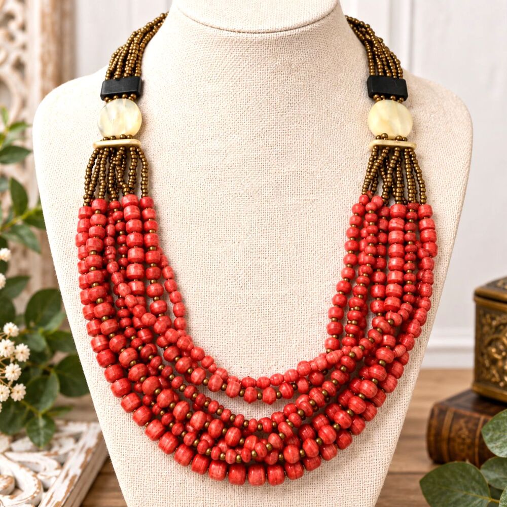 Vintage Boho Orange Paper Bead Bronze Seed Bead Multi Strand Necklace 34"